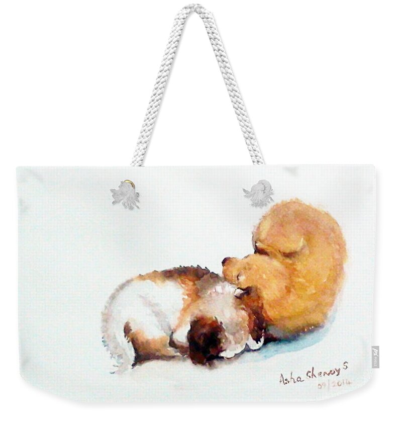 Stray Puppies Weekender Tote Bag featuring the painting Sleeping puppies by Asha Sudhaker Shenoy