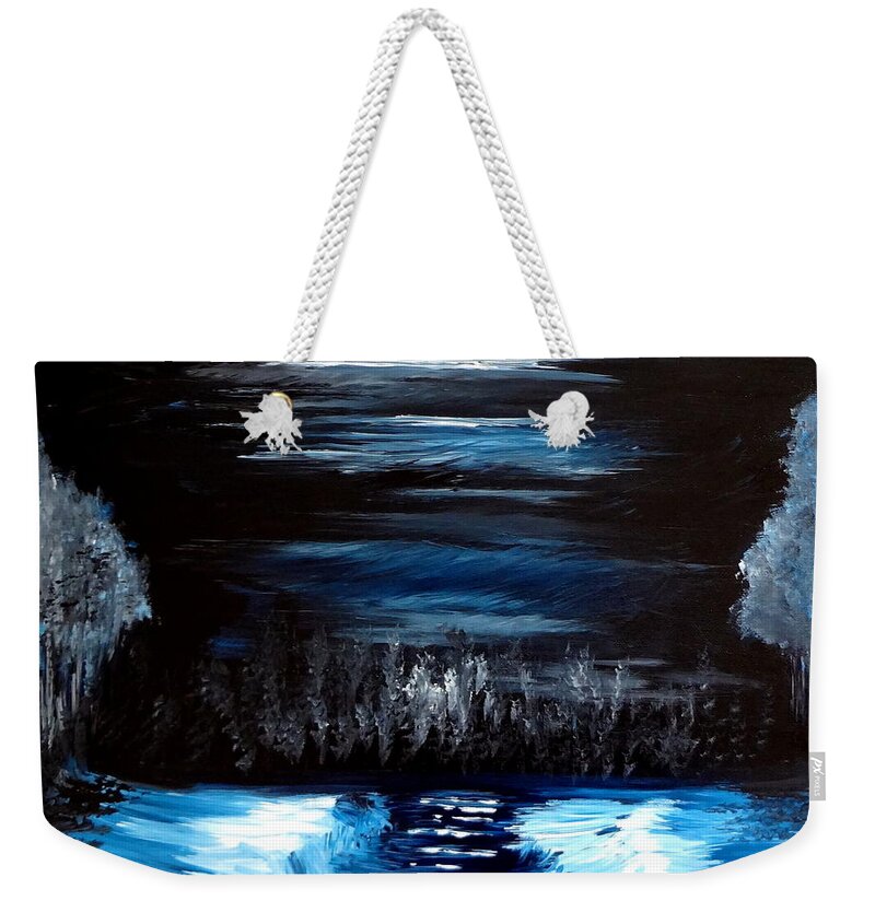 Snow Weekender Tote Bag featuring the painting Snow and Moonlight Serenity by Katy Hawk