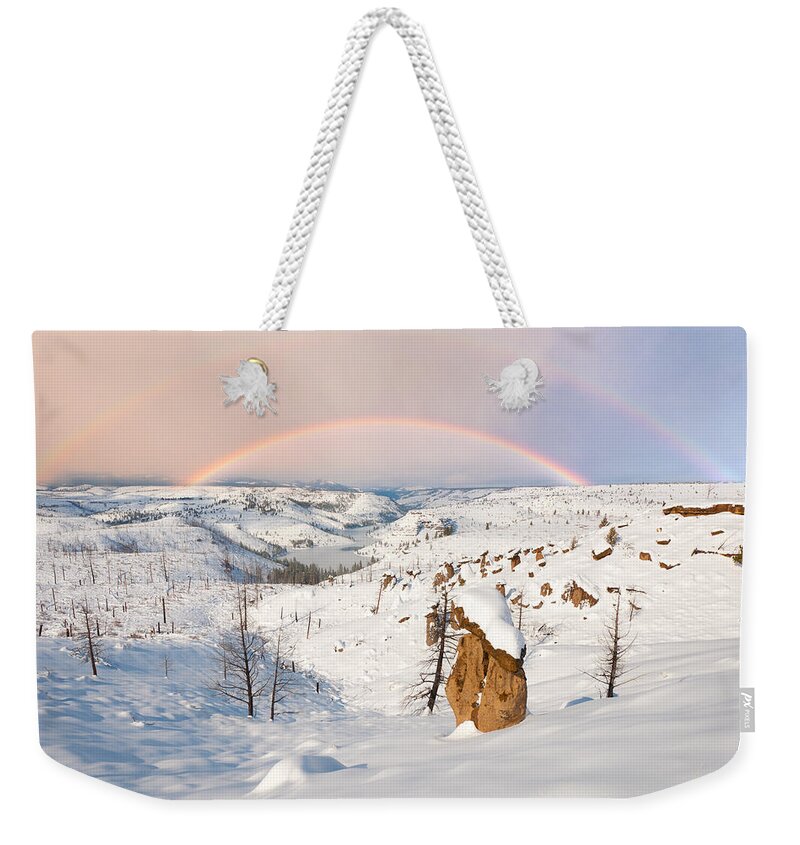 Oregon Weekender Tote Bag featuring the photograph Snow Capped Hoodoo's by Andrew Kumler