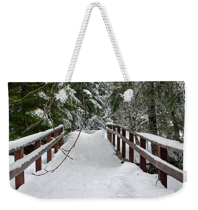 Kautz Creek Trail Bridge Weekender Tote Bag featuring the photograph Snow Covered Bridge by Tikvah's Hope