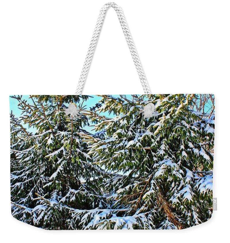 Pine Trees Weekender Tote Bag featuring the photograph Snow Covered Pines by Judy Palkimas