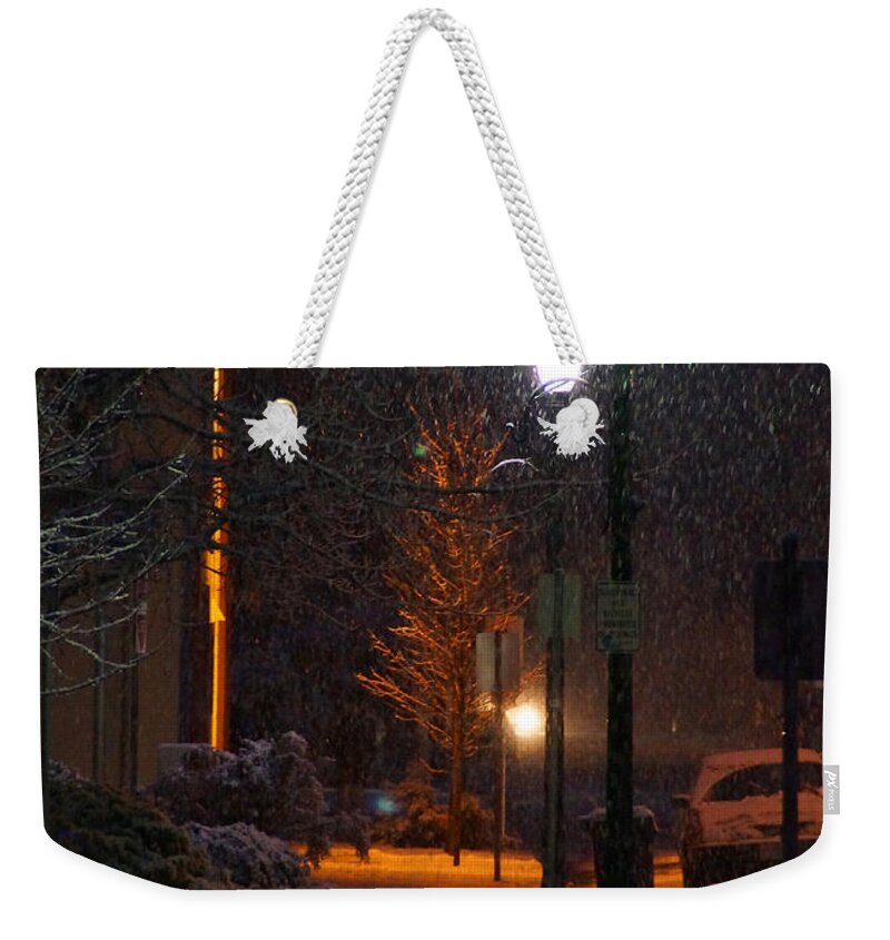 Snow Weekender Tote Bag featuring the photograph Snow in Downtown Grants Pass - 5th Street by Mick Anderson