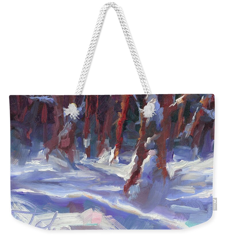 Impressionism Weekender Tote Bag featuring the painting Snow Laden - winter snow covered trees by Talya Johnson