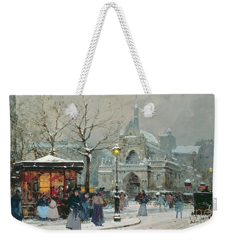 Gas Light Weekender Tote Bag featuring the painting Snow Scene in Paris by Eugene Galien-Laloue