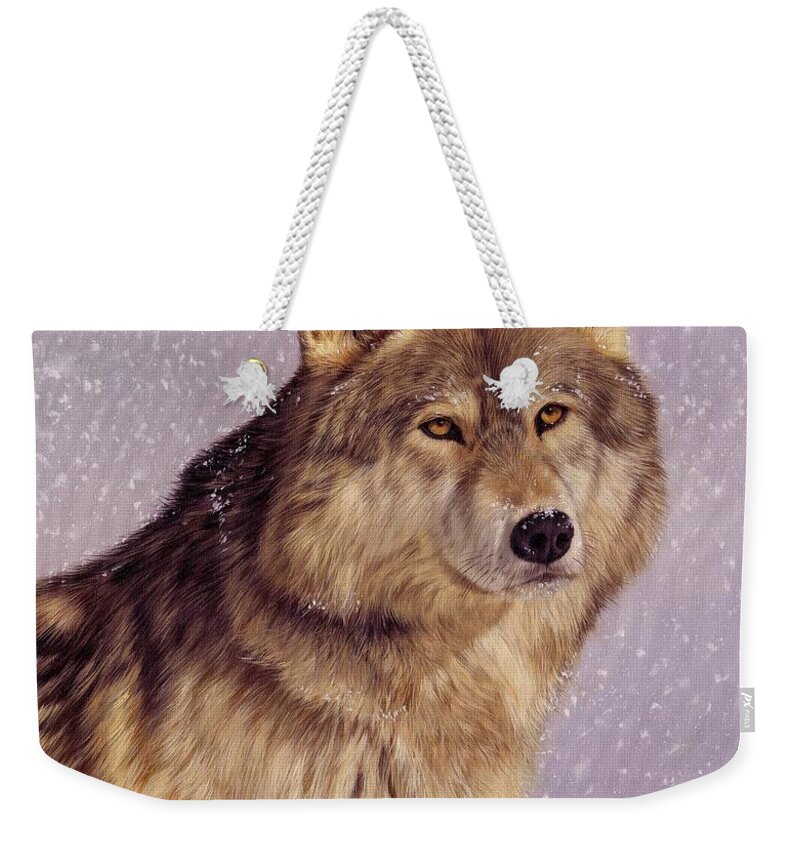 Wolf Weekender Tote Bag featuring the painting Snow Wolf by David Stribbling