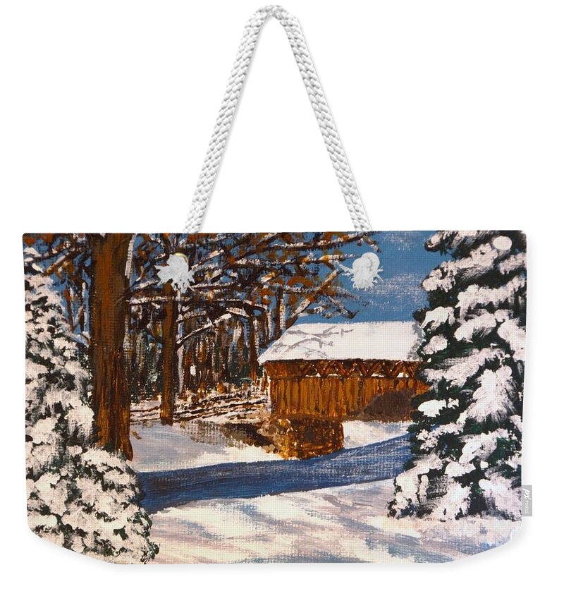 Winter Scene Weekender Tote Bag featuring the painting Snowbridge by Cynthia Morgan