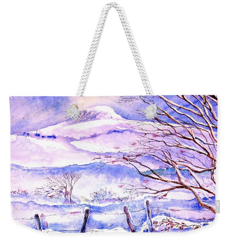  Snowfall Weekender Tote Bag featuring the painting Snowfall on Eagle Hill Hacketstown Ireland by Trudi Doyle