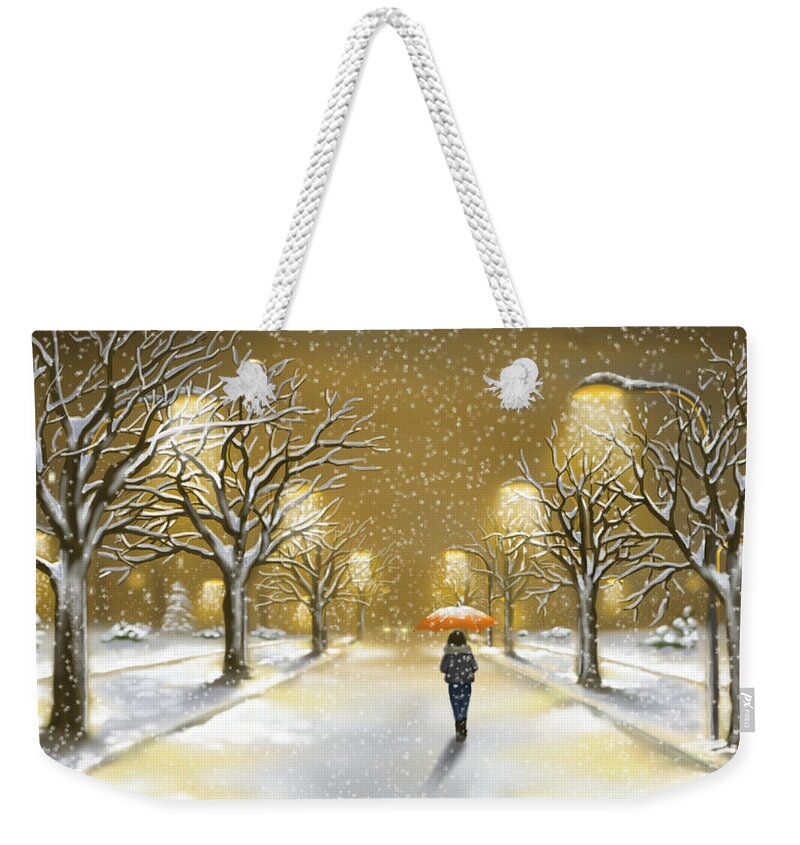 Landscape Weekender Tote Bag featuring the painting Snowfall by Veronica Minozzi