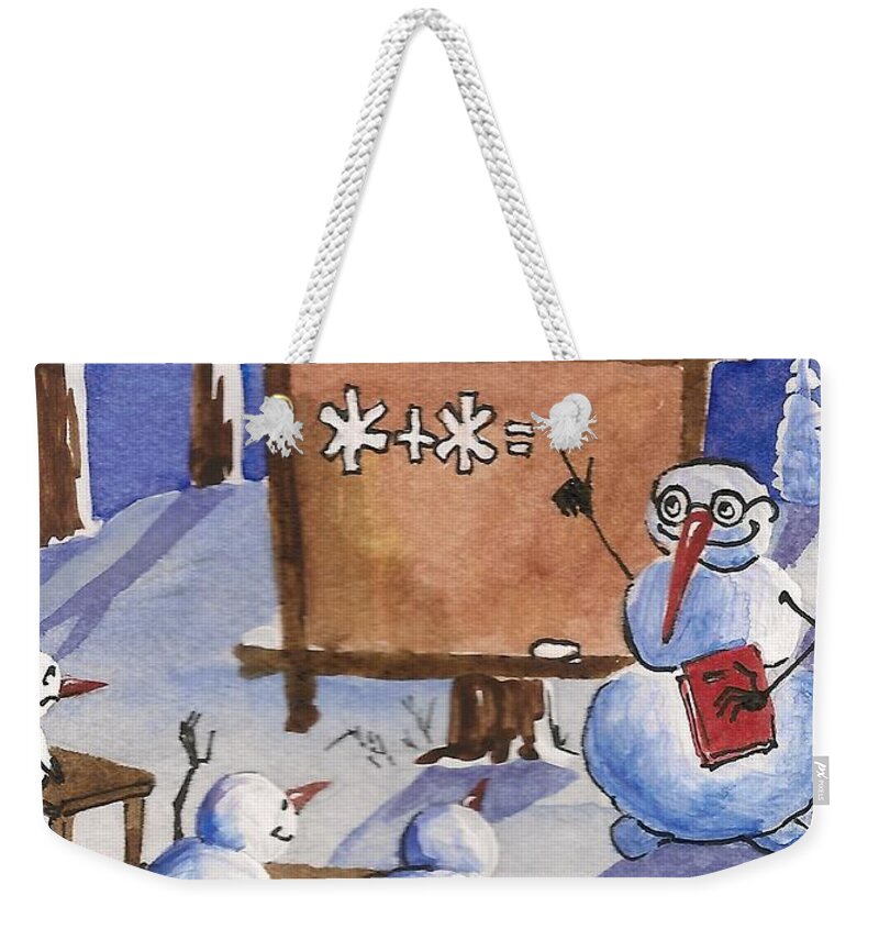 Painting Weekender Tote Bag featuring the painting Snowman University by Margaryta Yermolayeva