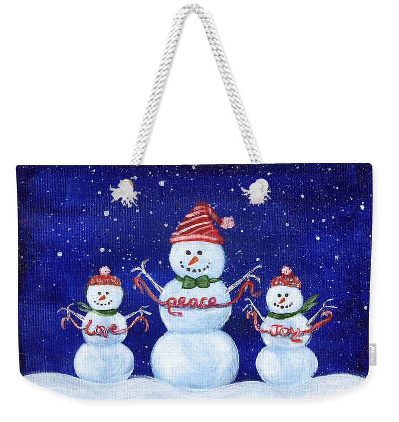 Snowmen Weekender Tote Bag featuring the painting Snowmen by Diana Haronis