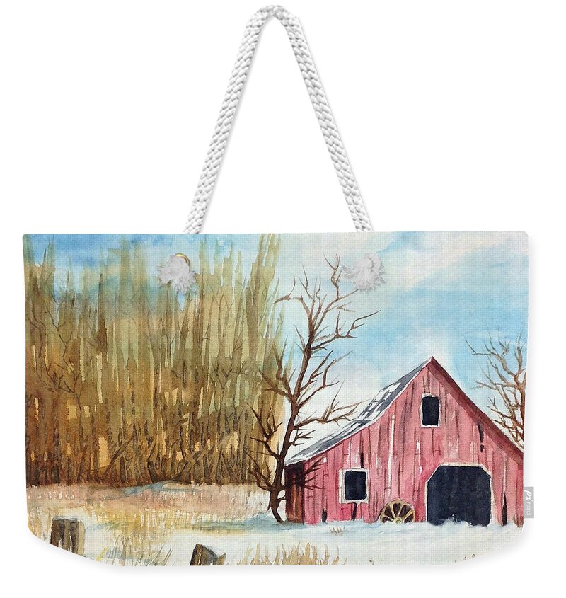 Watercolor Weekender Tote Bag featuring the painting Snowy Barn by Rebecca Davis
