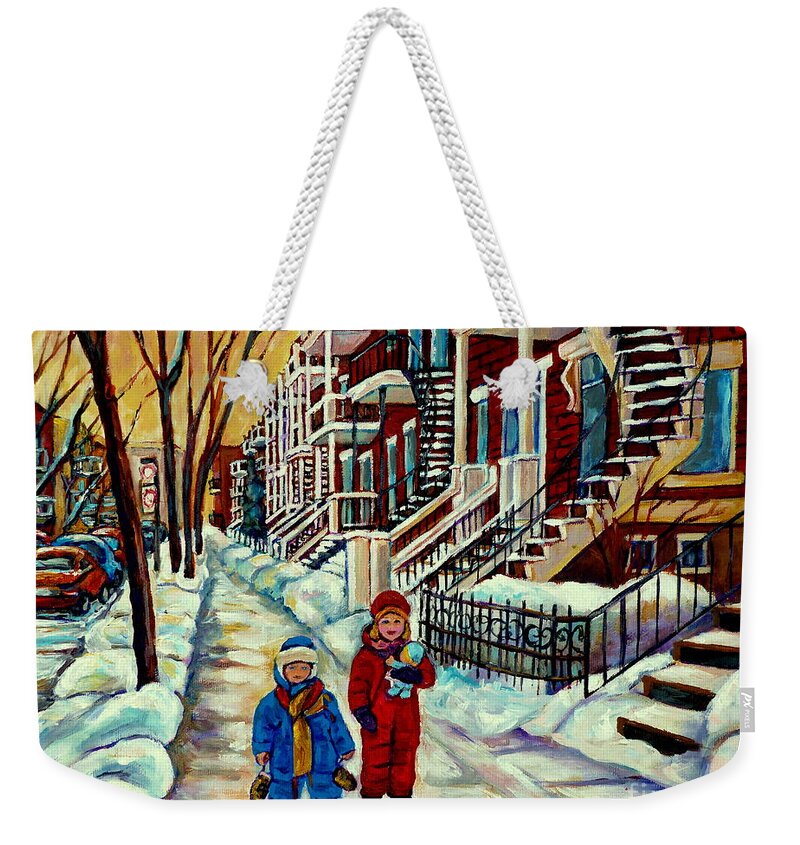 Montreal Weekender Tote Bag featuring the painting Snowy Day Rue Fabre Le Plateau Montreal Art Winter City Scenes Paintings Carole Spandau by Carole Spandau