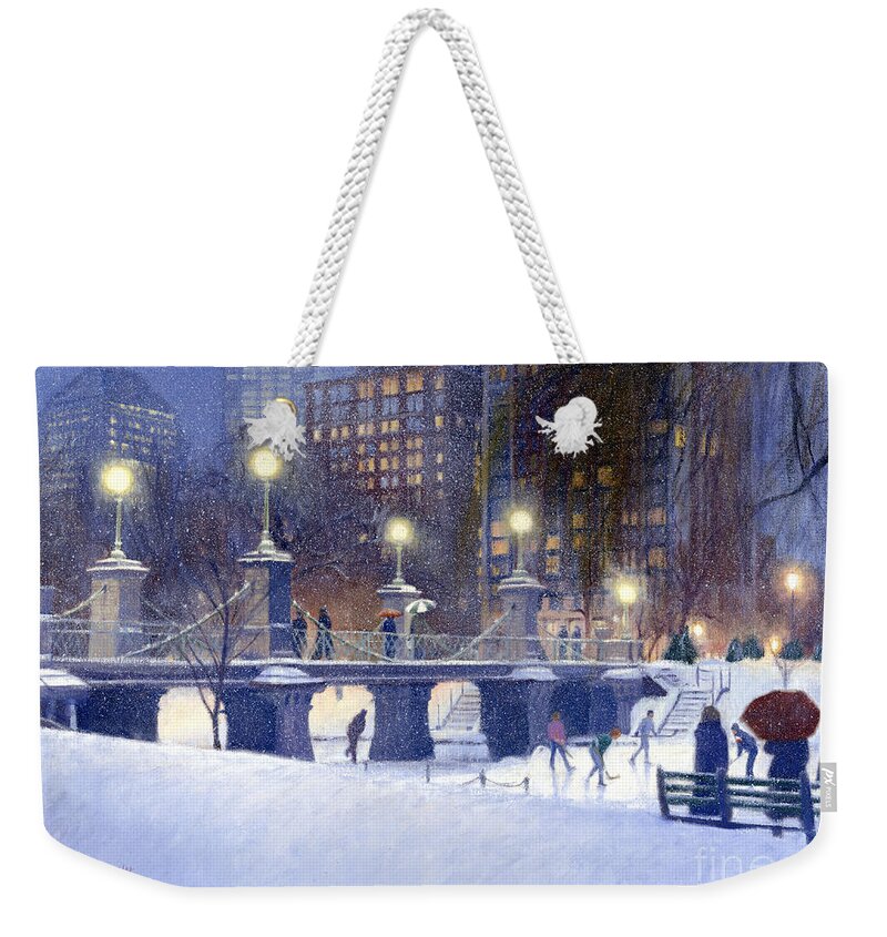 Boston Public Garden Weekender Tote Bag featuring the painting Snowy Garden by Candace Lovely
