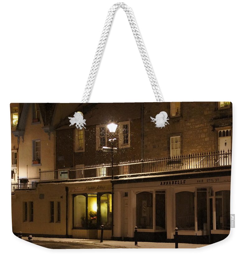 South Queensferry Main Street Weekender Tote Bag featuring the photograph Snowy night by Elena Perelman