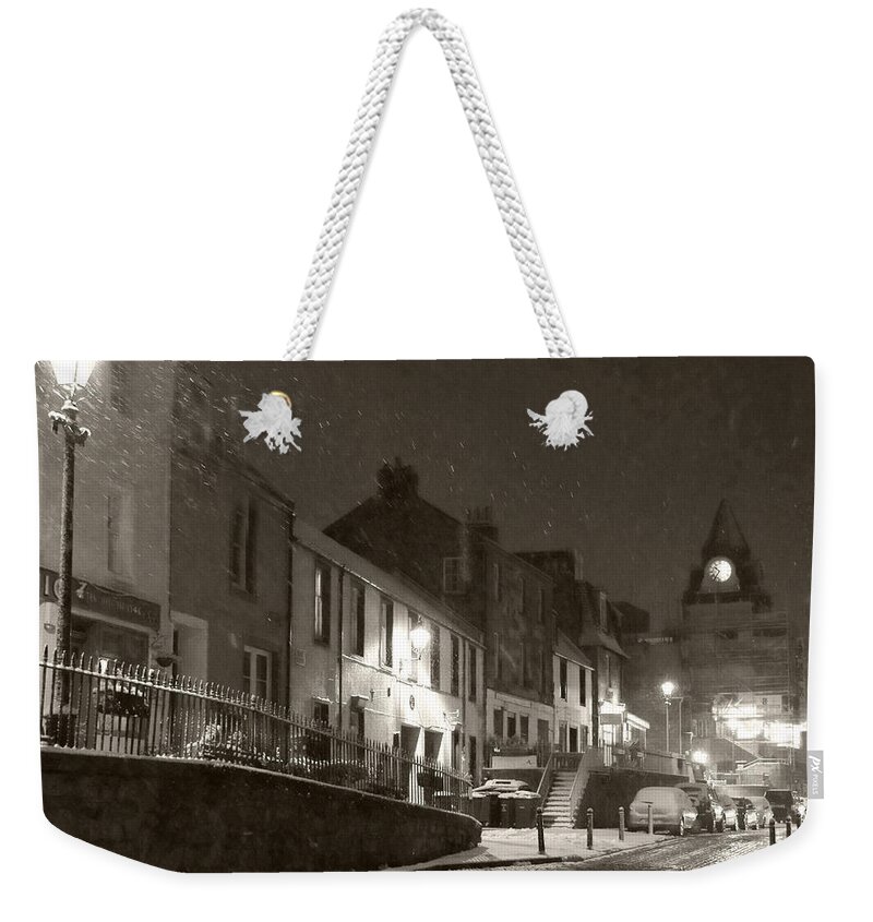 Snowing Weekender Tote Bag featuring the photograph Snowy Night in Black and White by Elena Perelman