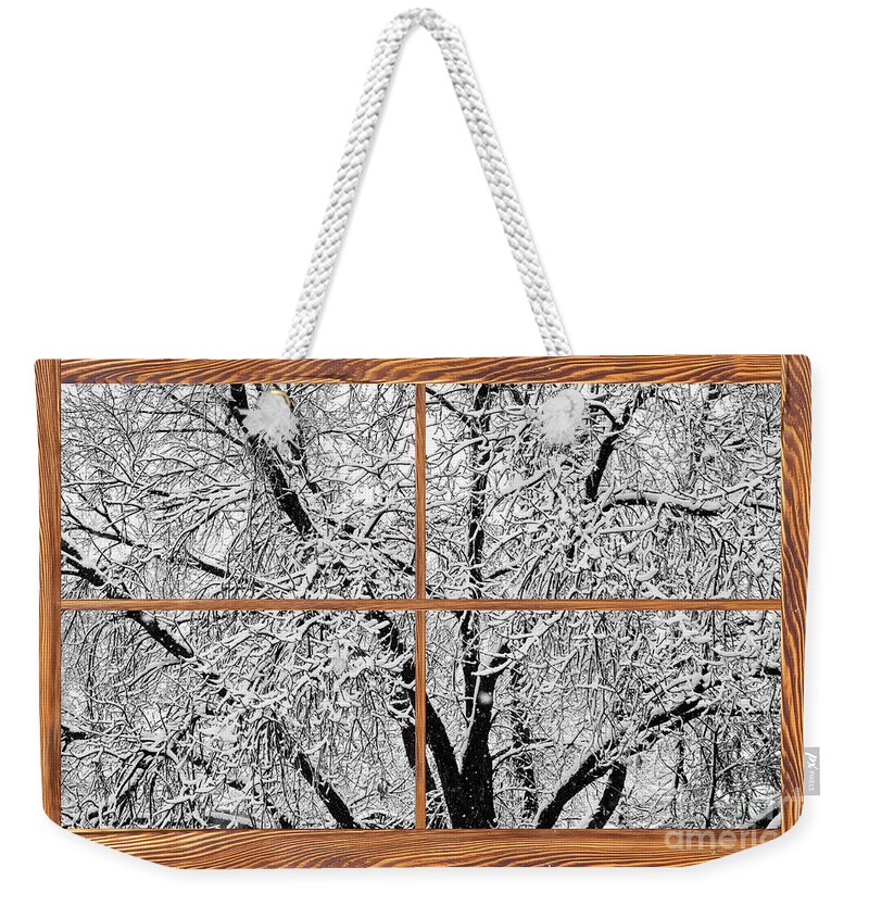 Windows Weekender Tote Bag featuring the photograph Snowy Tree Branches Barn Wood Picture Window Frame View by James BO Insogna