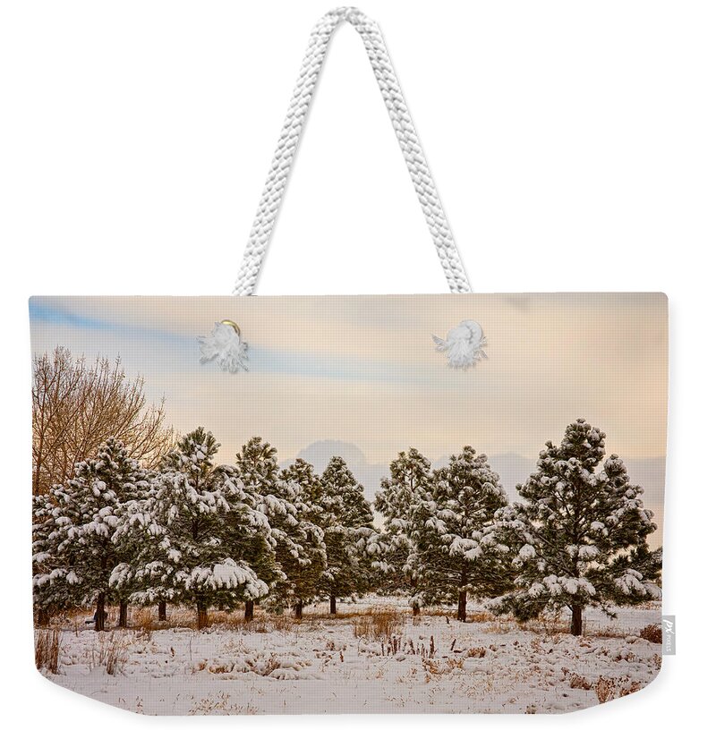 Snow Weekender Tote Bag featuring the photograph Snowy Winter Pine Trees by James BO Insogna
