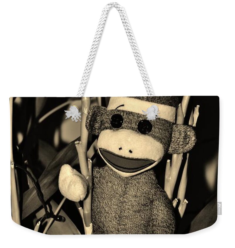Monkey Weekender Tote Bag featuring the photograph SOCK MONKEY in HIS NATURAL HABITAT in SEPIA by Rob Hans