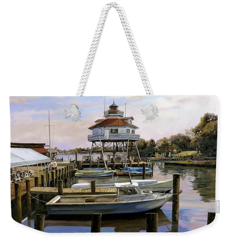 Solomon's Island Weekender Tote Bag featuring the painting Solomon's Island Drum Point light house,MD by Guido Borelli