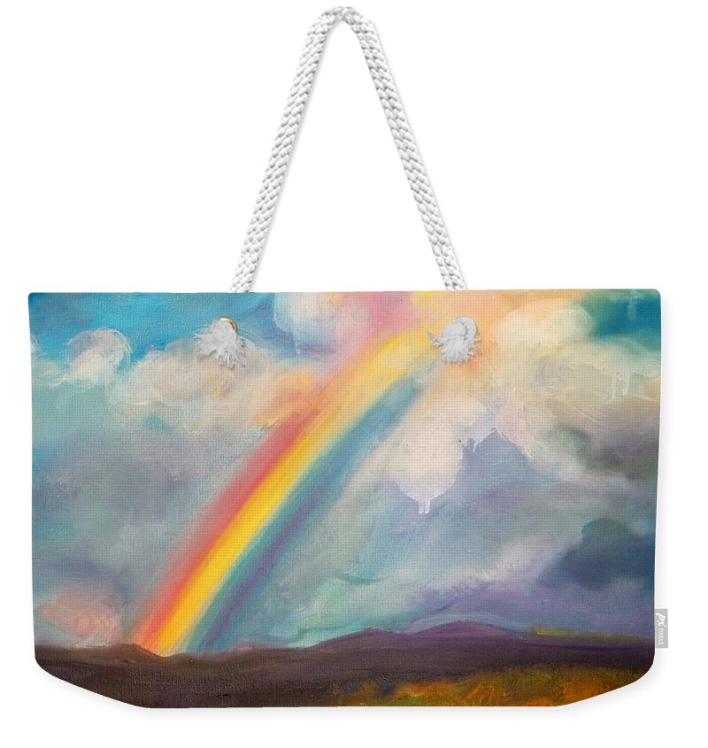 Rainbow Weekender Tote Bag featuring the painting Somewhere over the rainbow by Anne Cameron Cutri