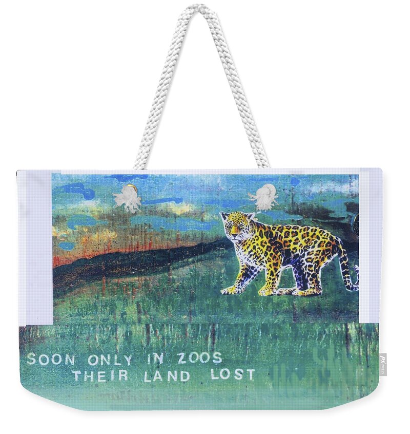 Ecology Weekender Tote Bag featuring the mixed media Soon only in Zoos Their land Lost by Mary Ann Leitch