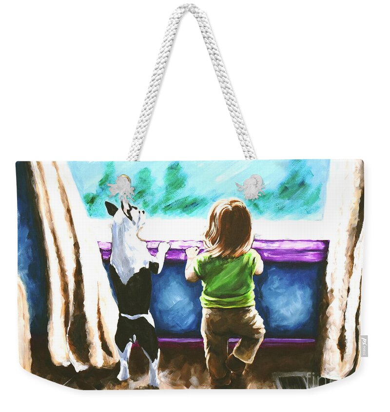 Child Weekender Tote Bag featuring the painting Waiting For Daddy Dog Boston Terrier Child Home House Window Jackie Carpenter Pet Dogs Puppy by Jackie Carpenter