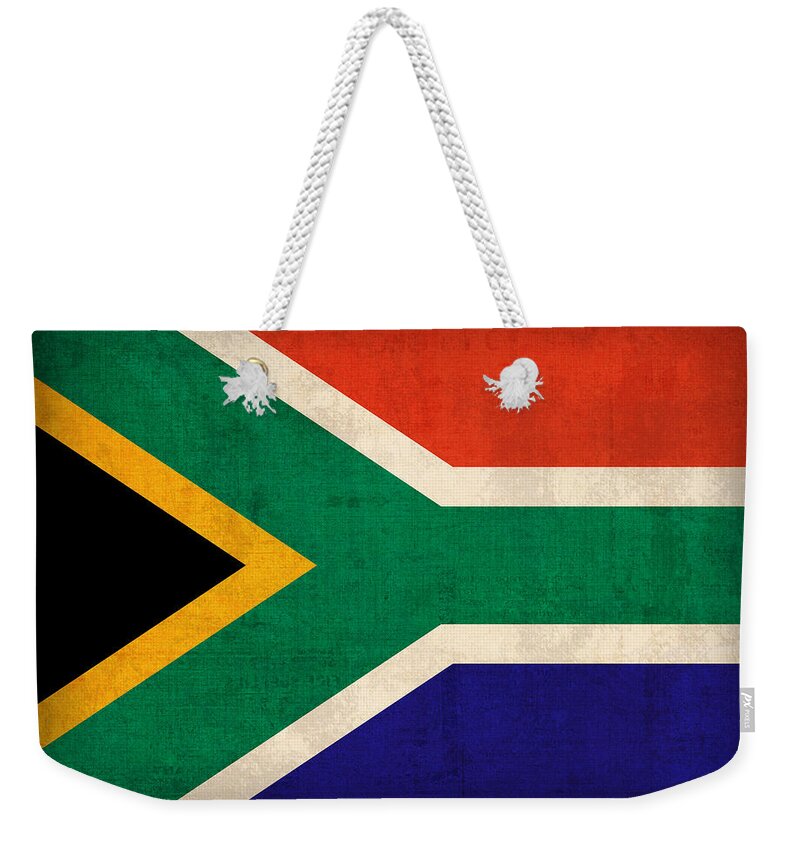 South Africa Flag Vintage Distressed Finish Weekender Tote Bag featuring the mixed media South Africa Flag Vintage Distressed Finish by Design Turnpike