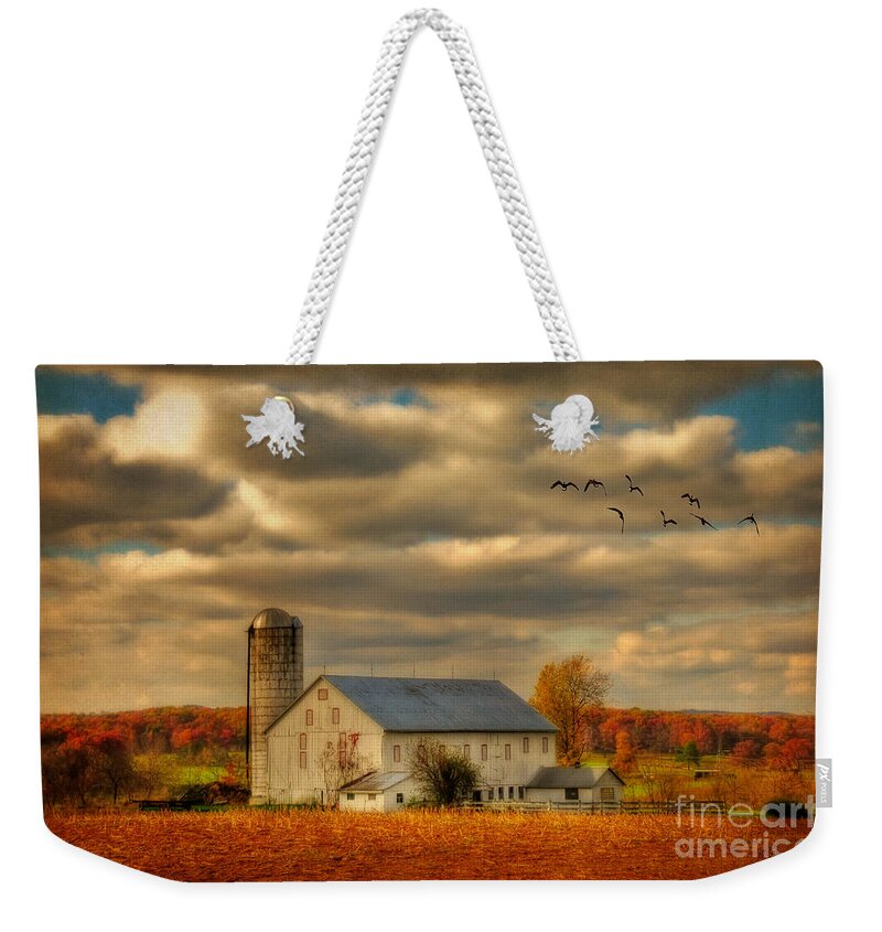 White Barn Weekender Tote Bag featuring the photograph South For The Winter by Lois Bryan