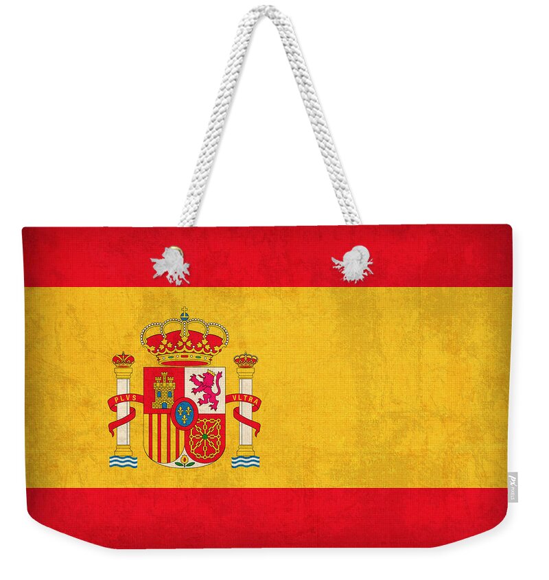 Spain Flag Vintage Distressed Finish Spanish Madrid Barcelona Europe Nation Country Weekender Tote Bag featuring the mixed media Spain Flag Vintage Distressed Finish by Design Turnpike