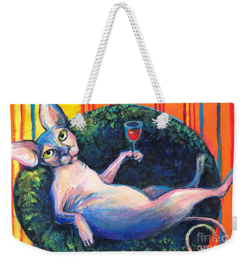 Sphynx Cat Weekender Tote Bag featuring the painting Sphynx cat relaxing by Svetlana Novikova