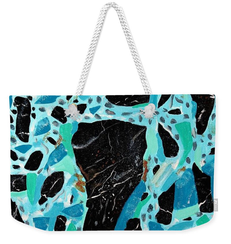Barbara Griffin Weekender Tote Bag featuring the painting Spiderweb Turquoise Stone Painting 2 by Barbara A Griffin