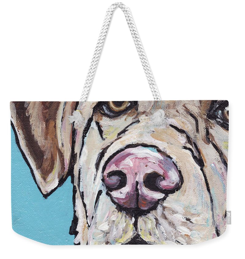 Yellow Lab Weekender Tote Bag featuring the painting Spike by Greg and Linda Halom