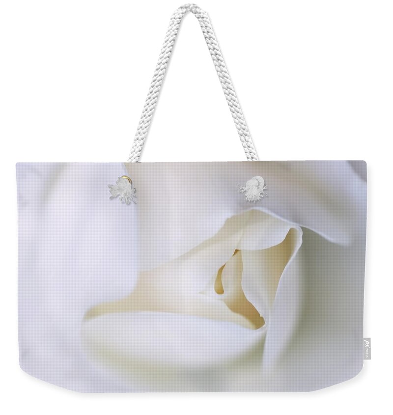 Rose Weekender Tote Bag featuring the photograph Spirit White Rose Flower Macro by Jennie Marie Schell