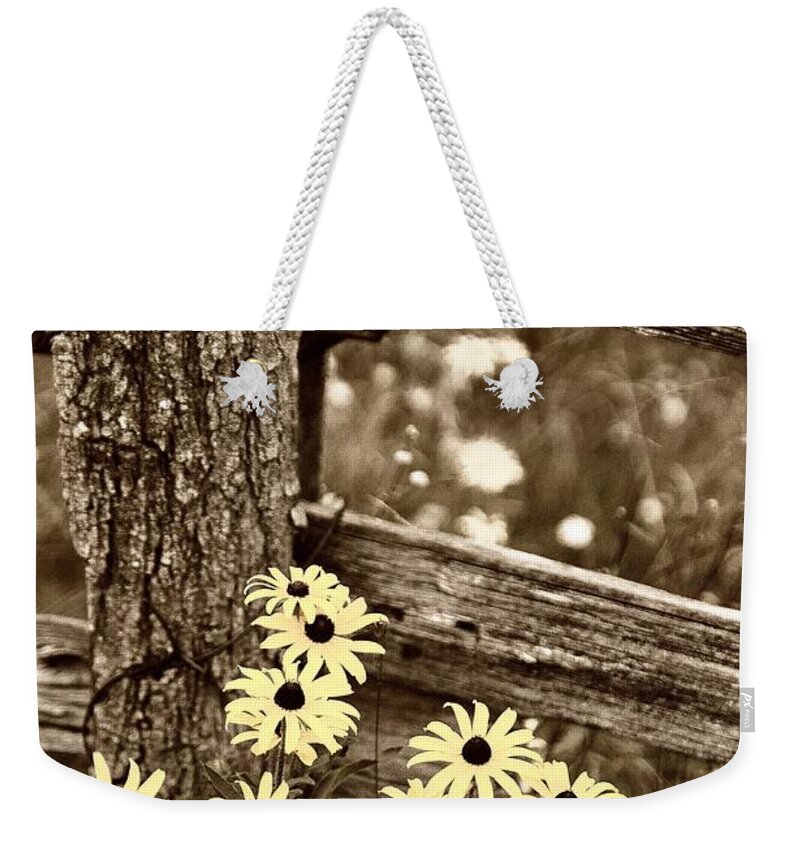 Sepia Weekender Tote Bag featuring the photograph Split Rail Fence and Black-eyed Susan by John Harmon