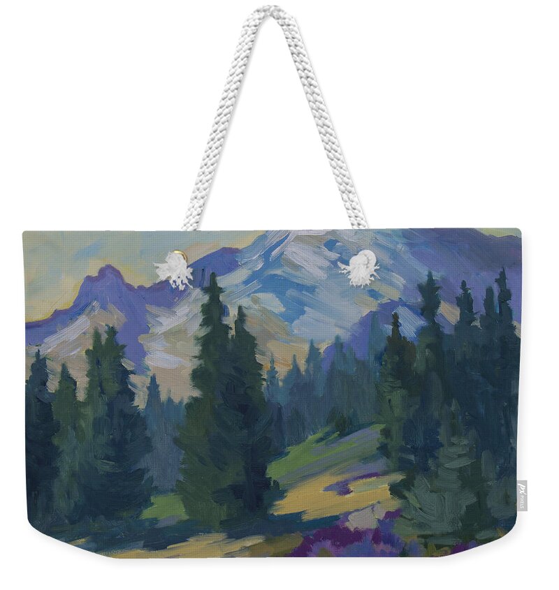 Mount Rainier Weekender Tote Bag featuring the painting Spring at Mount Rainier by Diane McClary