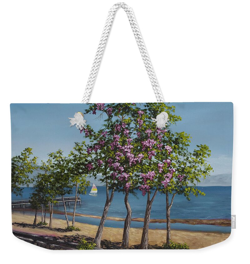 Landscape Weekender Tote Bag featuring the painting Spring in Kings Beach Lake Tahoe by Darice Machel McGuire