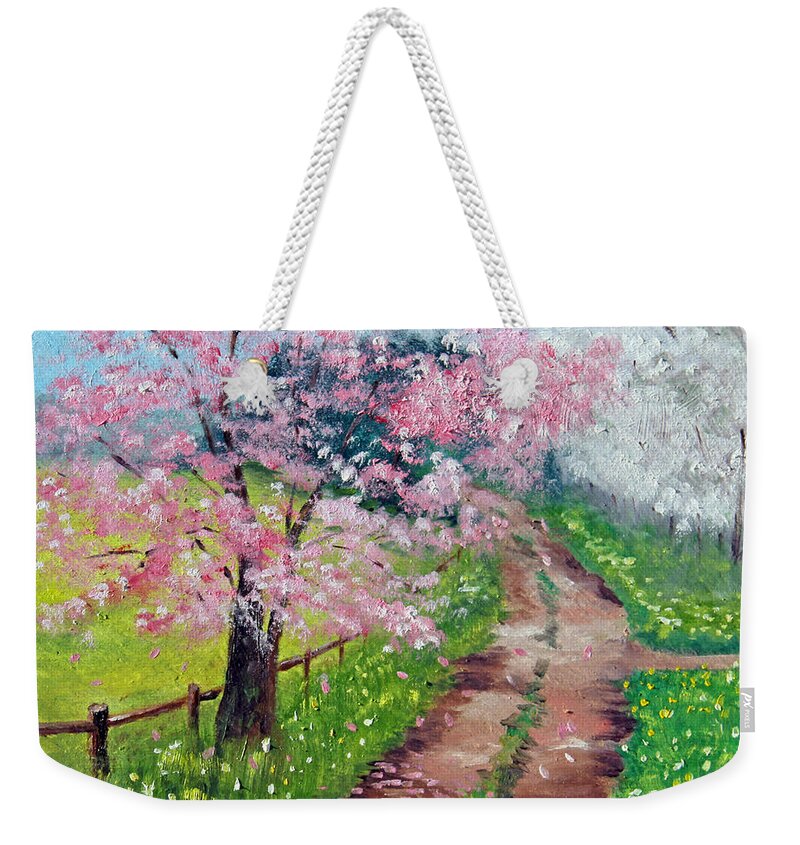 Spring Weekender Tote Bag featuring the painting Springtime Road by Meaghan Troup