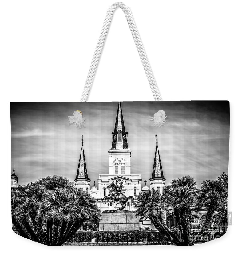 America Weekender Tote Bag featuring the photograph St. Louis Cathedral in New Orleans Black and White Picture by Paul Velgos
