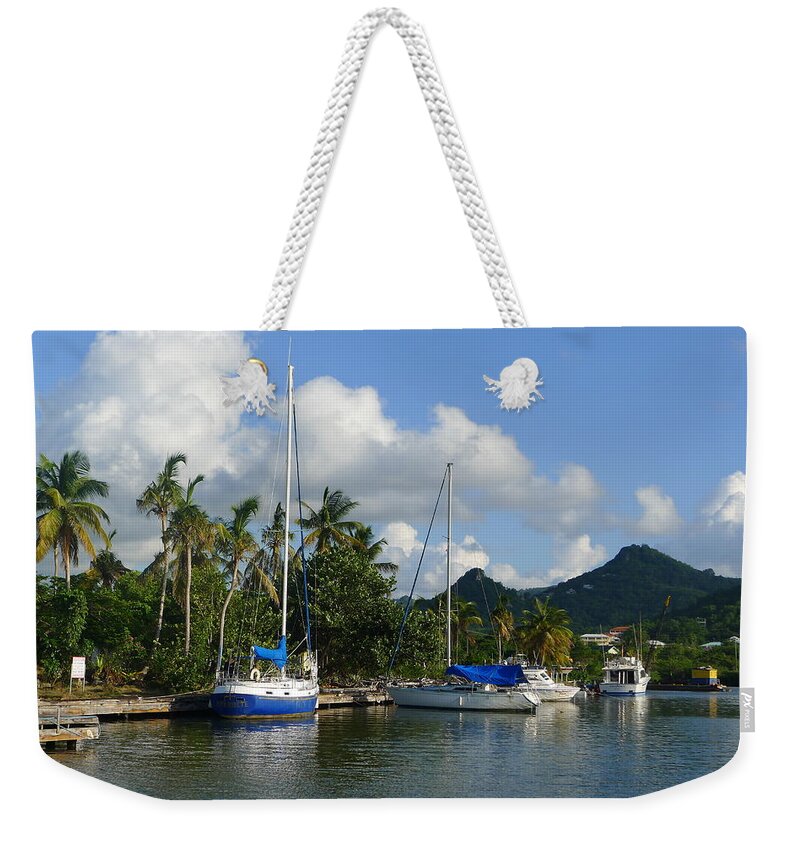  Weekender Tote Bag featuring the photograph St. Lucia - Cruise - Boats at Dock by Nora Boghossian