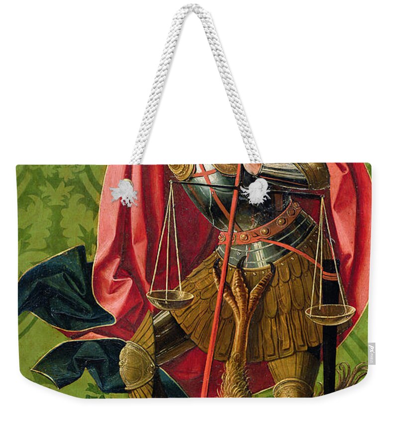 St Weekender Tote Bag featuring the painting St. Michael Killing the Dragon by Josse Lieferinxe