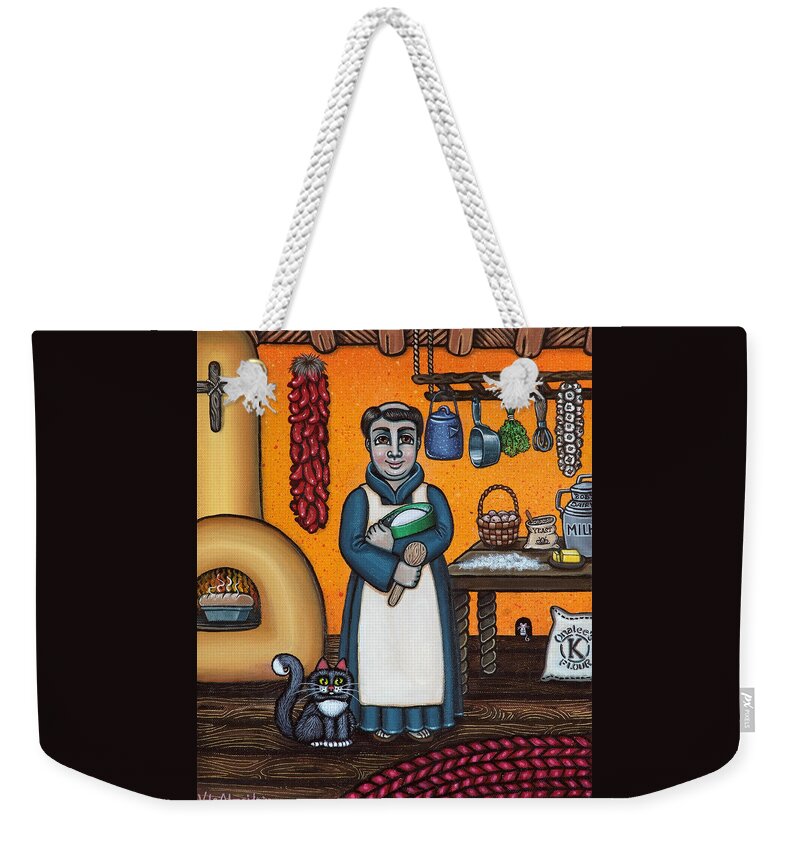 San Pascual Weekender Tote Bag featuring the painting St. Pascual Making Bread by Victoria De Almeida
