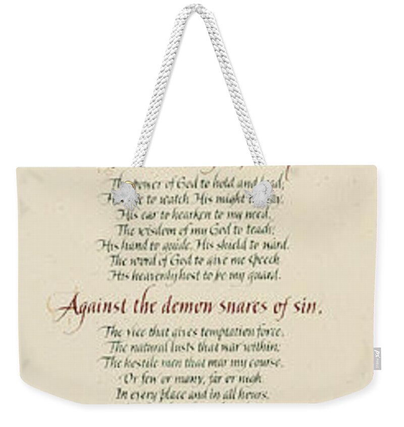 Christ With Me Weekender Tote Bag featuring the painting St Patrick's Breastplate by Judy Dodds