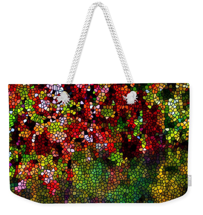 Stained Glass Autumn Leaves Reflecting In Water Weekender Tote Bag featuring the painting Stained Glass Autumn leaves reflecting in water by Jeelan Clark
