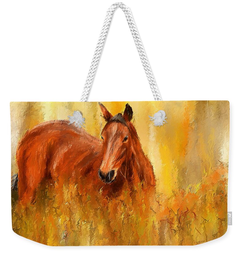 Bay Horse Paintings Weekender Tote Bag featuring the painting Stallion in Autumn - Bay Horse Paintings by Lourry Legarde