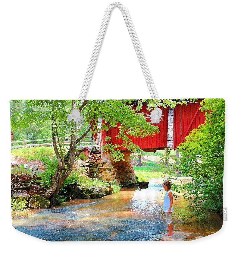 Covered Bridge Weekender Tote Bag featuring the painting Standing By The River At Campbell's Bridge by Bellesouth Studio