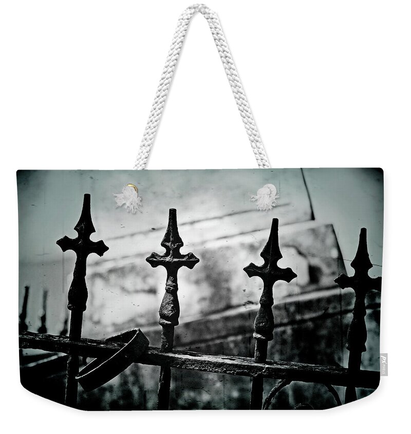 Fence Weekender Tote Bag featuring the photograph Standing Guard by Loved Ones - BW Texture by Scott Pellegrin