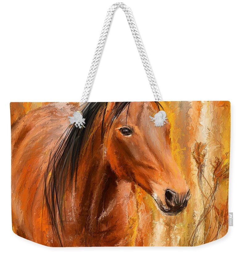 Bay Horse Paintings Weekender Tote Bag featuring the painting Standing Regally- Bay Horse Paintings by Lourry Legarde