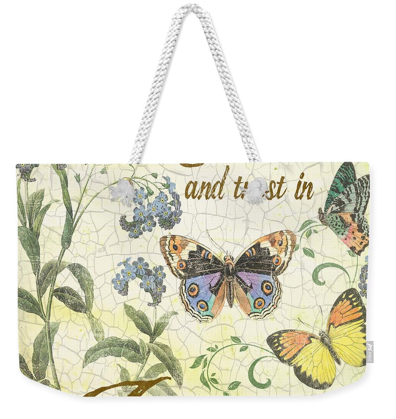 Butterfly Weekender Tote Bag featuring the digital art Stay Calm-Trust in Jesus-2 by Jean Plout