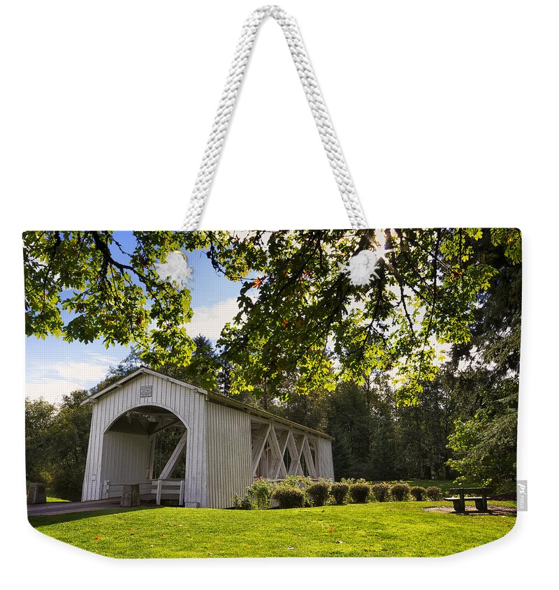 October Weekender Tote Bag featuring the photograph Stayton-Jordan Covered Bridge by Mark Kiver