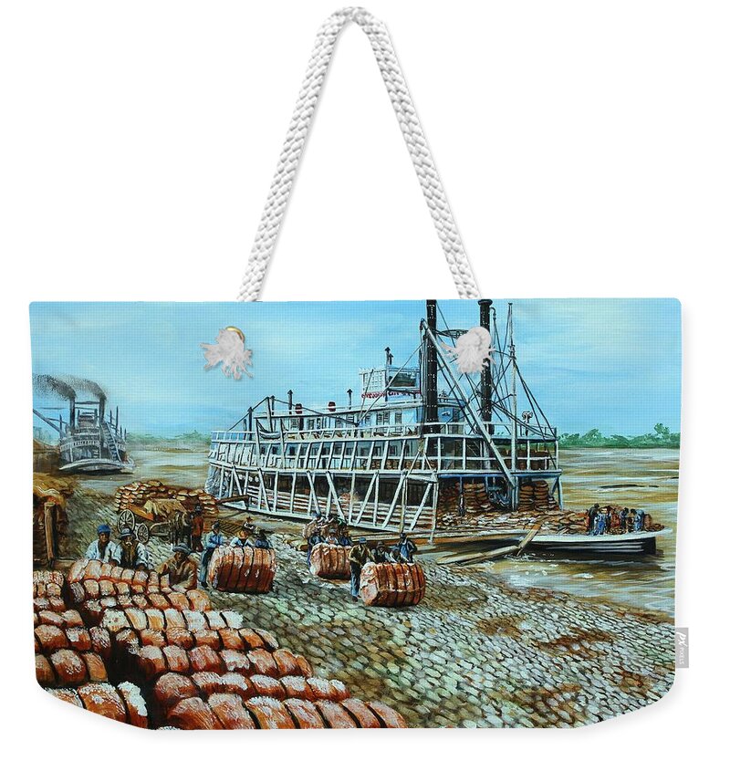 Steamboats Weekender Tote Bag featuring the painting Steamboat Unloading Cotton in Memphis by Karl Wagner
